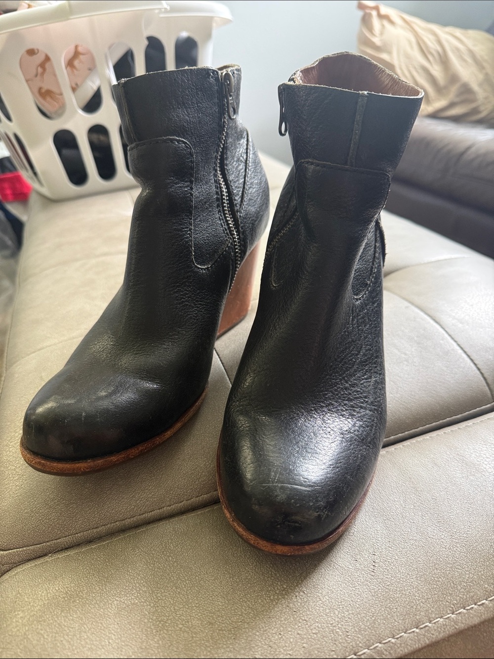 Kork-Ease Black Leather Ankle Booties with Wood-Tone Sole